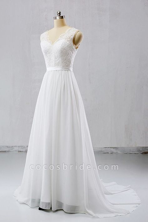 V-neck Lace Chiffon Flowy A-line Wedding Dress Western Style Wedding Dress, Chiffon Wedding Dresses, Wedding Dresses White, Simple Lace Wedding Dress, Vintage Wedding Dress Boho, How To Dress For A Wedding, Dresses Western, A Line Bridal Gowns, Boho Bridal Gowns