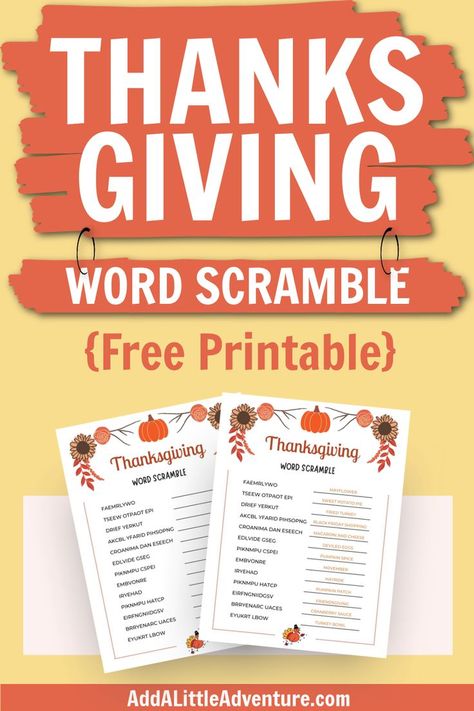 Thanksgiving Word Scramble - Free Printable Word Scramble With Answers, Thanksgiving Word Scramble, Thanksgiving Activity For Kids, Thanksgiving Timeline, Thanksgiving Cards Printable, Fun Thanksgiving Games, Sweet Potato Thanksgiving, Free Printable Thanksgiving, Thanksgiving Party Favors