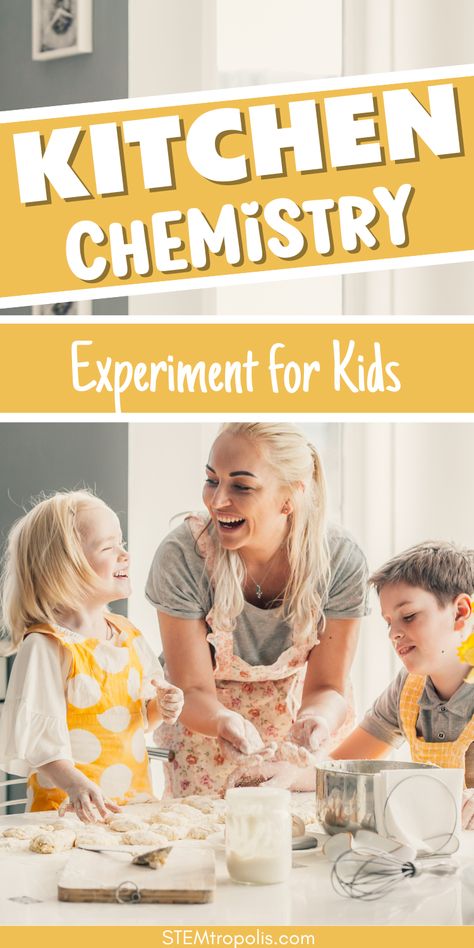 Transforming your kitchen into a chemistry lab is a fantastic way to engage kids with science in a fun, hands-on way. Try these kitchen science activities the next time you need a quick STEM activity.  These experiments use simple ingredients found in most kitchens to explore basic chemistry concepts.  Click to find kids activities, STEM challenges, STEAM projects and science experiments at STEMtropolis.com Chemistry Stem Activities, Kitchen Chemistry For Kids, Simple Chemistry Experiments, Chemistry Concepts, Chemistry Experiments For Kids, Basic Chemistry, Kitchen Chemistry, Kitchen Science Experiments, Kids Stem Activities