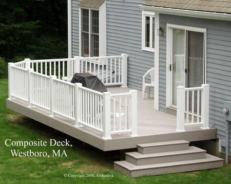 Outdoor Deck Decorating, White Deck, Deck Railing Design, Deck Colors, Deck Installation, Grey House, Deck Paint, Mobile Home Porch, Deck Designs Backyard