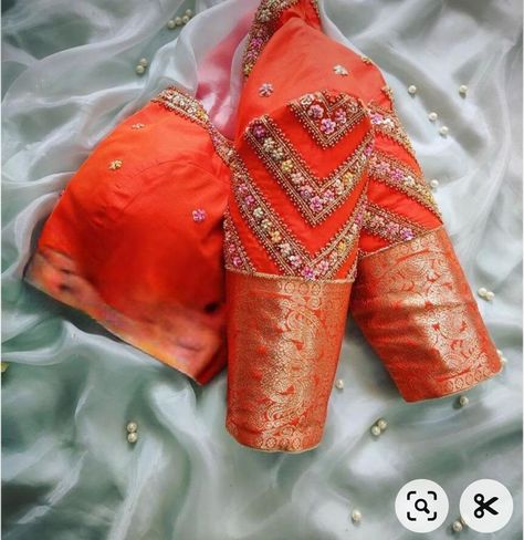 Aari Work Blouse For Pattu Saree, Maggam Work For Big Border Blouses, Paithani Blouse Work Designs, Maggam Work Blouse Designs Latest, Red Blouse Design, Blouse Aari Work, Blue Blouse Designs, Handmade Blouse, Latest Bridal Blouse Designs