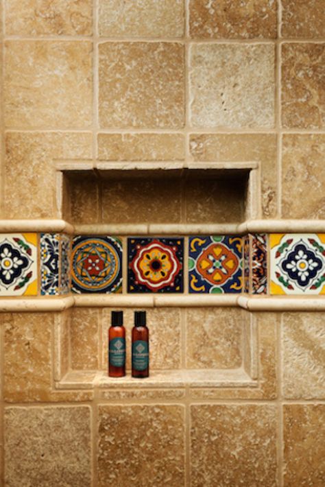 Mexico Style Bathroom, Mexican Style Bathroom Showers, Spanish Tile Backsplash Bathroom, Spanish Shower Ideas, Bathroom Spanish Tiles, Modern Hacienda Bathroom, Talavera Bathroom Ideas, Mexico House Ideas Interiors, Hacienda Style Homes Mexican Bedroom