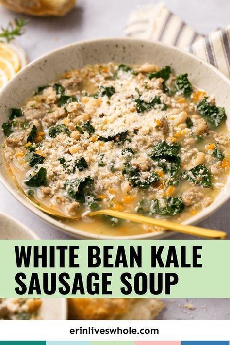 Kale Soup With Sausage, Kielbasa Kale White Bean Soup, Rustic Tuscan Style Sausage White Bean And Kale Soup, Kale White Bean Sausage Soup, Sausage Kale White Bean Soup Instant Pot, Sausage And White Bean Soup Crockpot, Italian Sausage White Bean Kale Soup, White Bean And Kale Soup With Sausage, Sausage Kale Pasta Soup