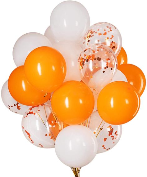 Balloon Party Decorations, Confetti Balloons Birthday, Orange Confetti, Engagement Balloons, 50 Party, Orange Balloons, Black Confetti, Orange Party, White Confetti