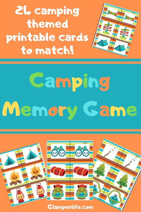 You can play this easy matching game at home or in your home-away-from-home (ie RV)! Grab our free printable camping themed memory game. This printable file comes with 24 camping themed cards to match, just like the traditional game of Memory. #kids #preschool #printable #camping #glamperlife #rvlife Camping Matching Game, Camping Memory Game, Camping Games For Preschoolers, Ece Resources, Camping Week, Fishing Crafts, Preschool Camping, Matching Games For Toddlers, Morning Bins