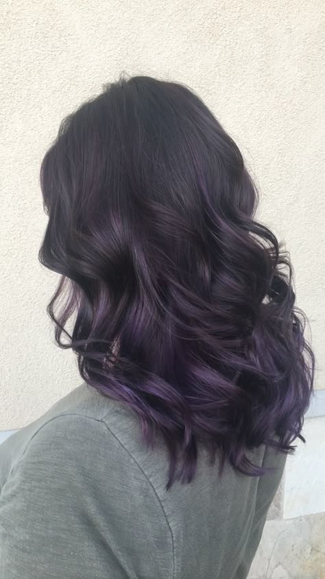 Dark Brown Hair With Purple Lowlights, Hair Colour Purple Highlights, Purple Hair Lowlights, Dark Purple Hair Highlights Brunettes, Purple In Dark Hair, Hair Colour Purple Dark, Dark Purple Balayage Black Hair, Dark Purple Hair Ideas, Dark Brown Purple Balayage