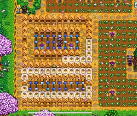 Stardew Valley Beehive Ideas, Bee House Layout Stardew, Stardew Valley Bee Hive Layout, Stardew Valley Bee House, Stardew Valley Beehive Layout, Farm Layouts, Stardew Farm, Stardew Farms, Stardew Valley Layout