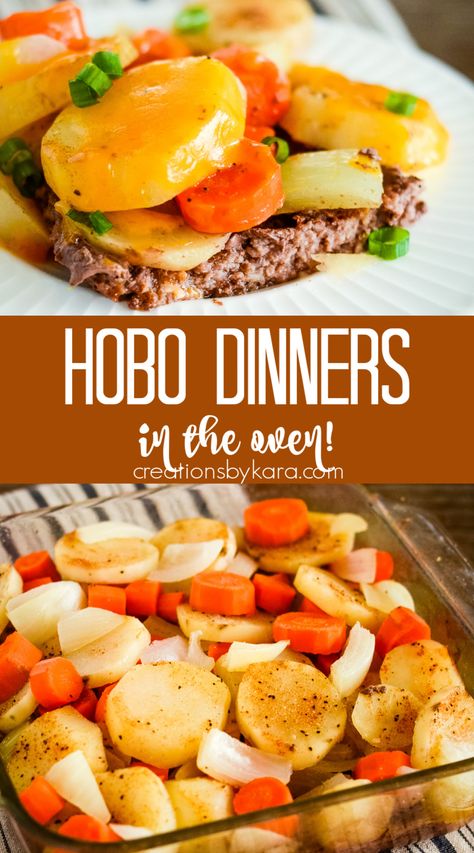 This one-pan HOBO DINNER in the oven is the perfect solution for busy weeknights. With just a few ingredients and one dish to clean, you can have a complete meal! #hobodinner @Creations by Kara Oven Hobo Dinner, Hobos In The Oven, Hobo Dinner Casserole, Hobo Dinners In The Oven, Hobo Meals, Hobo Dinner Recipes, Hobo Dinner, Hobo Dinners, Comfort Recipes