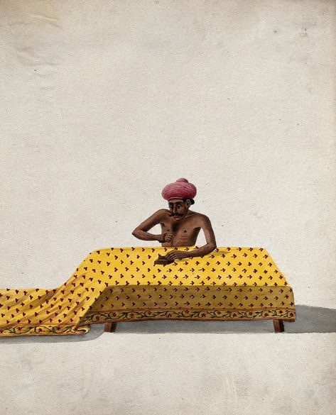 A man engaged in block printing a piece of cloth. Gouache painting by an Indian artist. | Wellcome Collection Paintings By Indian Artists, Block Printing Aesthetic, Indian Luxury Aesthetic, British Indian Aesthetic, Block Print Aesthetic, Retro Indian Aesthetic, Jaipur Aesthetic, West East, Indian Illustration