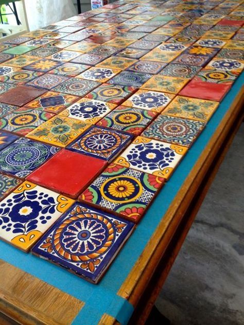 10 Ways to Turn a Boring Kitchen Table into Designer Furniture - Sunlit Spaces Tile Tables, Tile Table, Mexican Home Decor, Mexican Home, Mexican Tile, Talavera Tiles, Mosaic Table, Mexican Decor, Counter Tops