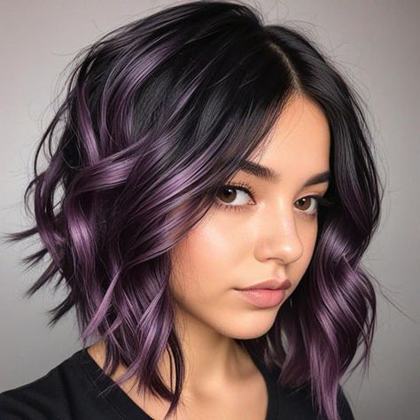 Short Black And Purple Hair, Plum Balayage Hair, Subtle Purple Highlights, Hair Color Ideas For Brunettes Short, Burgundy Balayage, Black Balayage, Short Purple Hair, Ash Brown Balayage, Rose Gold Balayage