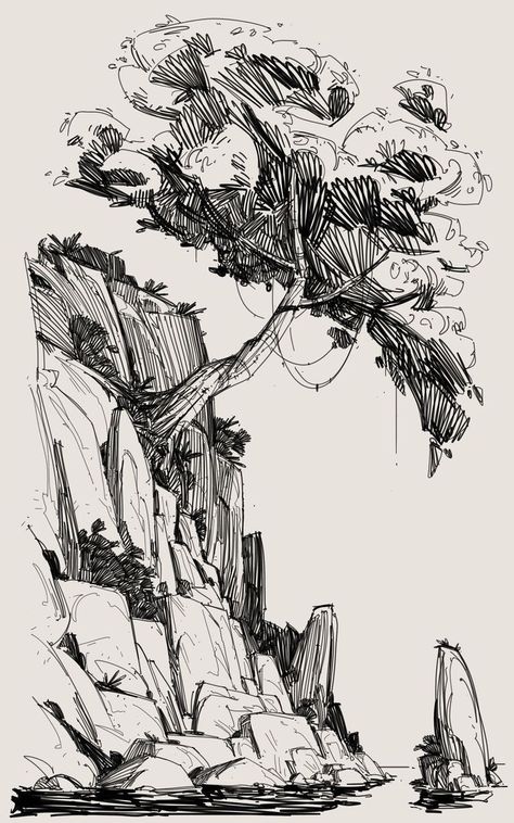 Simple Art Backgrounds, Ink Sketch Ideas, Background Sketch Simple, Pen Sketch Landscape, Sketch Ideas Nature, Daily Sketch Ideas, Black Pen Drawing Sketches, Nature Background Drawing, Landscape Sketch Nature