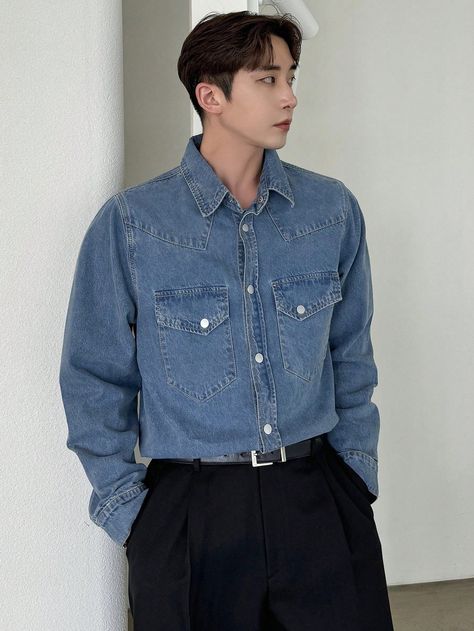 Blue Casual Collar Long Sleeve Denim Plain Shirt Embellished Non-Stretch  Men Clothing Denim Long Sleeve Outfit, Blue Denim Shirt Outfit, Mens Denim Shirt Outfit, Long Sleeves Outfit Men, Denim Outfit Men, Denim Shirt Outfit, Shirt Outfit Men, Blue Denim Shirt, Denim Shirt Men