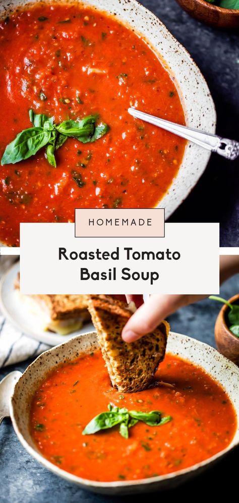 Easy Tomato Basil Soup, Homemade Tomato Basil Soup, Basil Soup Recipe, Tomato Basil Soup Recipe, Roasted Tomato Basil Soup, Garden Tomatoes, Tomato Soup Homemade, Roasted Tomato Soup, Basil Soup