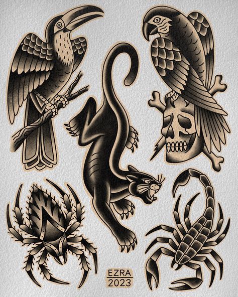 new flash sheet, available to tattoo. thank you for looking 🦜 email ezratattoos24@gmail.com or fill out the form in my bio to book | Instagram Ezra Tattoo, Black Flash Tattoos, Traditional Tattoo Black And White, Traditional Tattoo Outline, Boxing Tattoos, Traditional Panther Tattoo, Traditional Black Tattoo, Vintage Tattoos, Traditional Tattoo Flash Art