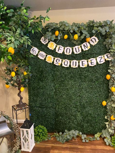 Lemon Theme Photo Backdrop, Lemon Photo Backdrop, Citrus Backdrop, Ffa Ideas, 55 Birthday, Bridal Shower Pictures, Citrus Party, She Found Her Main Squeeze, Found Her Main Squeeze