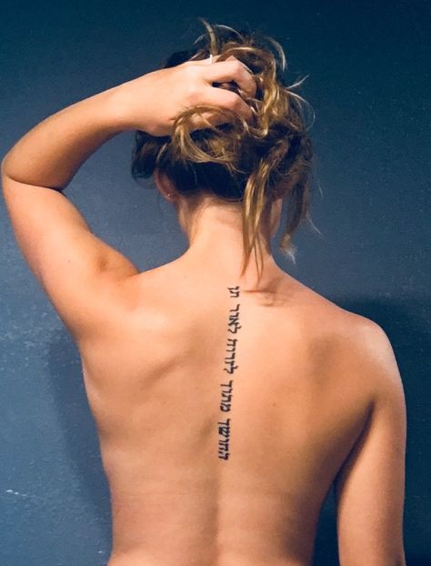 Hebrew Scripture Tattoos, Hebrew Tattoos For Women With Meaning, Hebrew Back Tattoo, Hebrew Spine Tattoos For Women, Biblical Back Tattoos For Women, Biblical Spine Tattoos, Hebrew Spine Tattoo, Christian Hebrew Tattoos For Women, Spine Tattoos For Women Christian