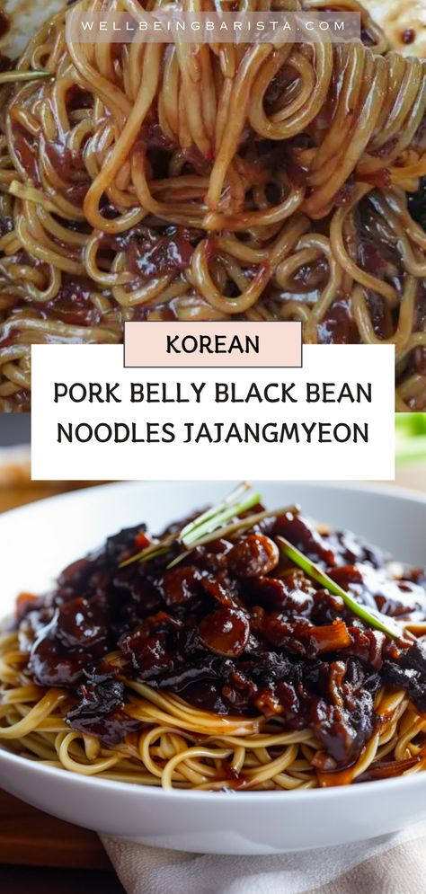 Black Bean Noodles JAJANGMYEON is a favorite Korean dinner. Cooking this beloved Korean noodle delicacy at home is a breeze, thanks to the black bean paste known as chujang. A big bowl of jjajangmyun noodles never fails to impress with the appetizing look, texture and the taste of black bean paste or jjajang sauce.  #jajang #koreannoodles Korean Black Noodles Recipe, Easy Korean Banchan, Pork Belly Noodles, Jajangmyeon Recipe, Korean Date, Korean Noodle Recipes, Korean Pork Belly, Korean Dinner, Black Noodles