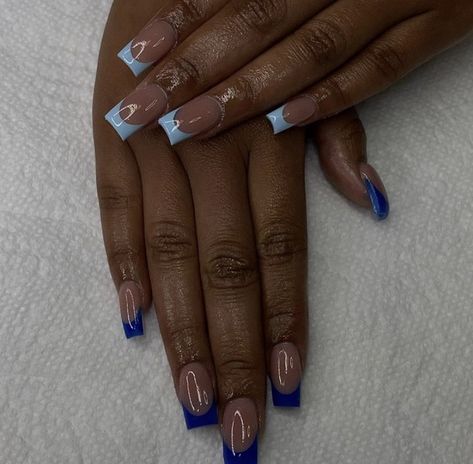 Blue Frenchies Nails, Bright Blue French Tip Nails, Short Blue French Tip Nails, Blue French Tip Nails Square, Blue Nail Designs Short, Short Blue Acrylic Nails, Blue Nails Square, Blue Short Acrylic Nails, Square Nails Blue