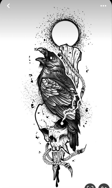 Bird And Skull Tattoo, Revolver Tattoo, Crow Tattoos, Rabe Tattoo, Crow Tattoo Design, Sharpie Tattoos, Clever Tattoos, Crow Tattoo, Nordic Tattoo