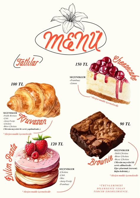 Menu for cafe Cafe Names Aesthetic, Baking Menu Design, Bakery Menu Aesthetic, Cafe Menu Graphic Design, Vintage Bakery Poster, Cafe Menu Illustration, Cafe Dessert Menu Ideas, Menu With Illustrations, Recipe Card Graphic Design