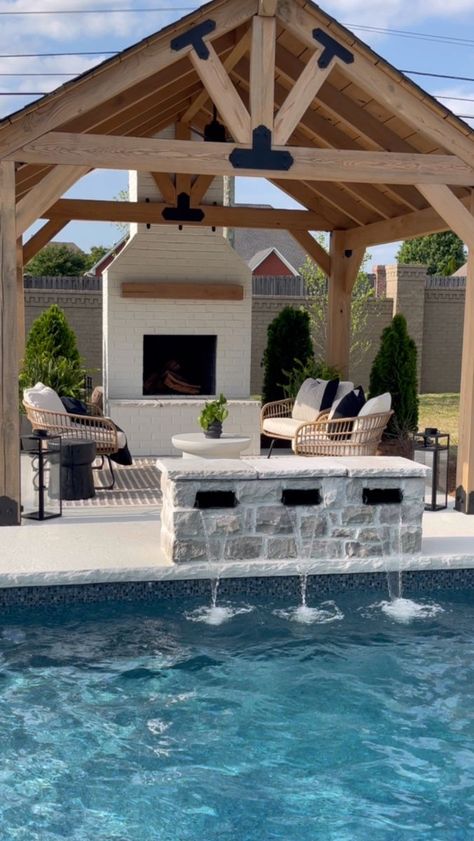 Tiffany Hager | Myrusticmodernhome on Reels | Adam Griffith · Champagne Pool Fireplace Backyard, Pool And Fireplace Backyard, Outdoor Fireplace With Covered Patio, Outdoor Fireplace On Patio, Farmhouse Backyard With Pool, Covered Pool Patio Ideas, Outside Fireplace Patio, Farmhouse Backyard Pool, Outdoor Patio With Pool