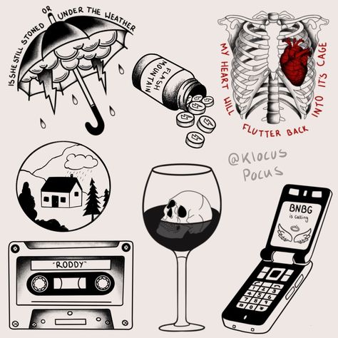 tattoo flash sheet inspired by some of the songs off the album Twenty Twenty by Djo Modern Flash Tattoo, Metalcore Tattoo, Tv Room Sofa Ideas, Bmth Tattoo, Tv Room Sofa, Room Sofa Ideas, Bedroom Wishlist, Filler Tattoo, Traditional Flash