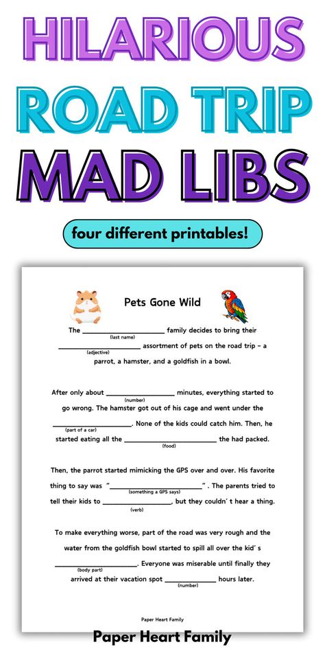 This hilarious free printable Mad Libs for kids is a story about a road trip gone wrong! The pets that the family brings along go wild. Can the family contain the craziness? Do this activity at home or on your next car trip! Road Trip Printables For Kids Free, Free Printable Road Trip Games, Road Trip Printables For Kids, Free Road Trip Printables, Free Mad Libs, Free Printable Mad Libs, Mad Libs For Kids, Funny Mad Libs, Mad Libs Printable