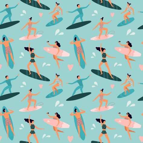 Beach surfing. Surfers with surfboards, surfer rides wave and summer outdoors surfboards seamless pattern illustration. Download at freepik.com! #Freepik #vector #pattern #people #sport #character Salford City, Coastal Wallpaper, Beach Surfing, Beach Illustration, Surf Design, Summer Illustration, Summer Surf, Surf Art, Summer Pictures