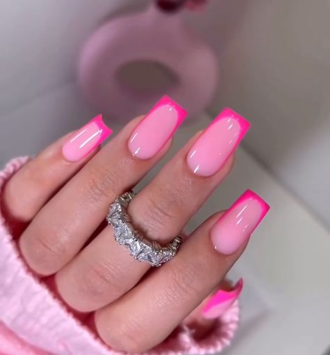 French Tip Barbie Nails, Pink Nails With Hot Pink French Tip, Pink Nails With Hot Pink Tip, French Barbie Nails, Hot Pink Double French Nails, Hot Pink Nails With French Tip, Hot Pink Chrome Nails Square, Bright Pink Tip Nails, Fuschia French Tip Nails