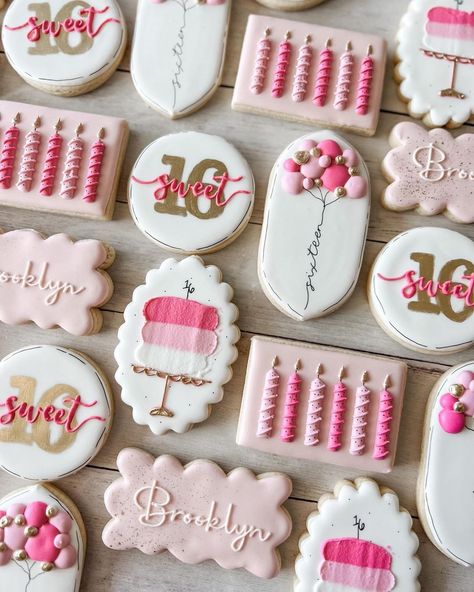 Knoxville Custom Cookies (@gussiedupcookieco) • Instagram photos and videos Pink Sweet 16, Happy Birthday Cookie, Pink Cookies, Cookie Cake Birthday, Sugar Cookie Royal Icing, Sugar Cookie Icing, Cookie Business, Iced Sugar Cookies, Sugar Cookie Designs