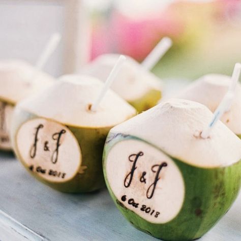 Custom Coconuts | Customize your coconuts with your wedding logo or design with our garnish seal stamp 🌴 (Coconut stamp, garnish stamp, iron stamp, stamping, coconut stamping, customized coconuts, custom stamp, wedding stamp, wedding logo, wedding collaterals, wedding coconuts, artists, small business branding, made in India, women led business) Personalized Coconut, Fijian Wedding, Coconut Wedding, Coconut Bar, Cocktail Hour Wedding, Coconut Drinks, Beach Wedding Decorations, Bali Wedding, Hawaiian Wedding