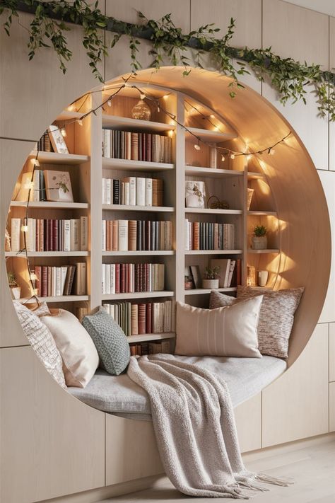 Create a dreamy reading nook with a circular wooden bookshelf alcove. Featuring minimalistic design, plush seating, warm fairy lights, and natural greenery, this inviting space is perfect for book lovers. #ReadingNook #CozyCorners #ModernMinimalism #BookshelfDesign #FairyLights #HomeLibrary #WhimsicalSpaces #InteriorInspiration #RusticModern #GreeneryDecor Colorful Reading Corner, Reading Nook Corner Living Room, Library Nook Home, Book Nook In Closet, Cozy Nooks Ideas, Bookshelf Alcove, Bookshelf Corner Ideas, Reading Nook By Window, Small Library Room Ideas Reading Areas