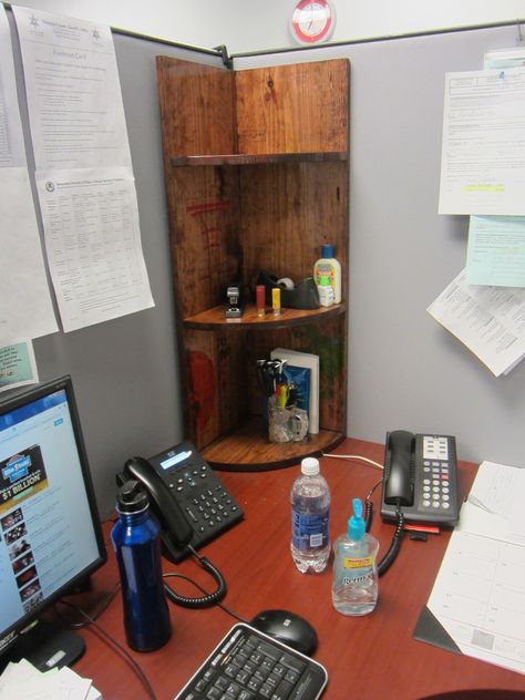 The Bat-shelf: Ok, so I have a lonely, boring corner on my desk at work.  It just NEEDS something to make it, and me, happy.  Plus, I spend way more time riding a desk now that I'd like.  And I could always use a little more storage space for my stuff. Thus, th... Diy Cubicle Decor, Cubicle Shelves, Bat Shelf, Cubicle Shelf, Diy Cubicle, Cubicle Storage, Cubicle Organization, Cubicle Design, Cubicle Makeover