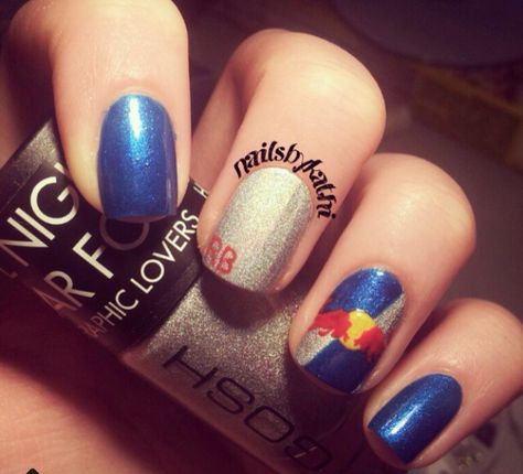 Grand Prix Nails, Red Bull Nails F1, F1 Nails Designs Red Bull, Max Verstappen Nails, Red Bull Nails, Red Bull Tattoo, Redbull Nails, Bull Nails, F1 Inspired Nails