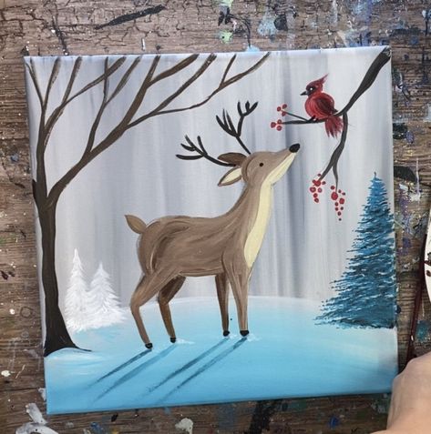 Mini Acrylic Christmas Paintings, Christmas Painting Canvas Ideas, How To Draw A Deer, Friends Acrylic Painting, Cardinal Painting, Winter Friends, Christmas Canvas Art, Acrylic Art Projects, Deer Painting