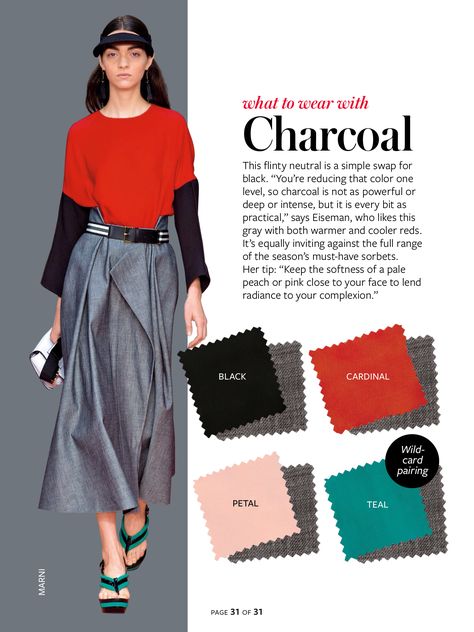 What to wear with...Charcoal gray Color Crash Course, Instyle Color Crash Course, Colour Combinations Fashion, Winter Typ, Color Combinations For Clothes, Amal Clooney, Grey Booties, Instyle Magazine, Green Tee