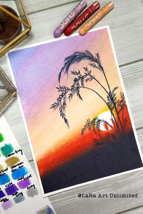 Nature Drawing Oil Pastel Easy, Drawing Colouring Ideas, Beautiful Art Drawings, One Colour Drawing, Oil Pastel Art Nature, Oil Pastel Art Easy Sunset, Crayons Drawing Ideas, Easy Soft Pastels Drawing, Senary Drawing Painting