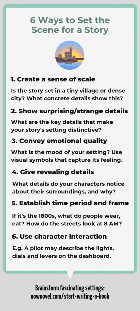 Setting the Scene: 6 Ways to Introduce Place in Stories | Now Novel Planning Novel, Scene Ideas Writing, Writing Story, Scene Ideas, Poetic Devices, Up Story, Kindergarten Writing Prompts, Writing Prompts Romance, Barbara Kingsolver