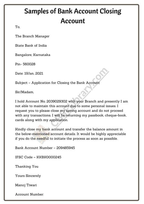 Bank Account Closing Letter | Format, Sample and How to Write a Bank Account Closing letter? - CBSE Library Bank Letter Format, Official Letter Sample, Letter Writing Format, Job Application Letter Sample, Writing An Application Letter, Work Agreement, Formal Letter Writing, Letter Writing Examples, Letter Format Sample