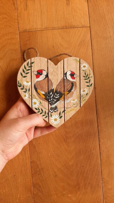 Cottagecore Wall Decor, Prophetic Painting, Wall Decor Garden, International Christmas, Aesthetic Cottage, Wooden Decoration, Garden Birds, Painted Hearts, Goldfinch