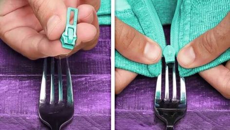 Fix Broken Zipper, Fix A Zipper, Zipper Repair, Broken Zipper, Repair Clothes, Fork And Spoon, Diy Life Hacks, Clothing Hacks, Household Tips