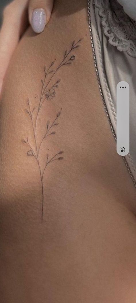 Flower Bouquet With Word Stem Tattoo, Hip Crease Tattoos Women, Subtle Hip Tattoo, Brown And White Tattoo, Gentle Flower Tattoo, Back Tattoo For Women Elegant, Elegant Hip Tattoo, Simplistic Nature Tattoo, 12 21 Tattoo