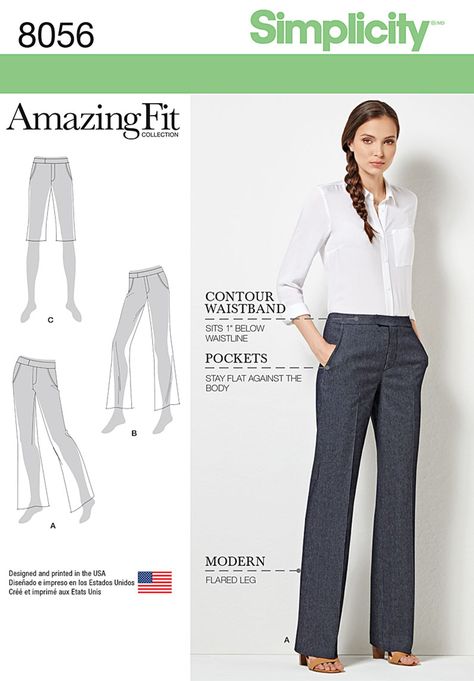 Simplicity Amazing Fit Miss and Plus Size Flared Pants or Shorts 8056 - options for Slim, Average, and Curvy fit. Sewing Pants, Afrikaanse Mode, Pants Sewing Pattern, Womens Sewing Patterns, Simplicity Sewing, Simplicity Sewing Patterns, Simplicity Patterns, Flare Trousers, Flared Pants