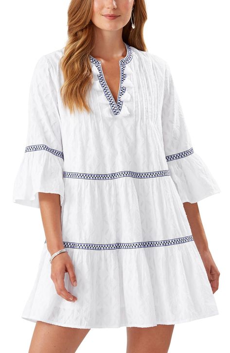 Tommy Bahama Embroidered Cotton Tier Cover-Up Dress | Nordstrom Cotton Tunic Dress, Tommy Bahama Dress, Embroidered Tunic Dress, Tier Dress, Swim Cover Up Dress, Maxi Robes, Cotton Maxi, Maxi Dress Cotton, Swimsuit Cover Ups