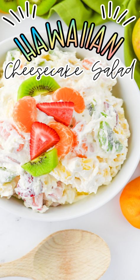 This Hawaiian Cheesecake Salad Will Transport You to A Beach with Every Bite Hawaiian Cheesecake Salad, Hawaiian Cheesecake Salad Recipe, Hawaiian Cheesecake, Snickers Salad, Cheesecake Salad, Cheesecake Pudding, Strawberry Topping, Instant Pudding Mix, Dessert Salads