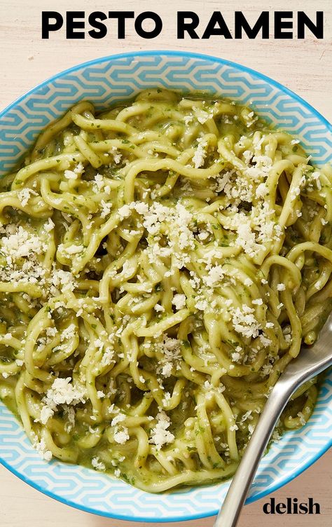 3-Ingredient Pesto Ramen Is Ready In Just 5 MinutesDelish Pesto Ramen, Mongolian Beef Ramen Recipe, Easy Ramen Recipes, Ramen Noodle Recipes Easy, Noodle Recipes Homemade, Ramen Recipes Easy, Pasta Bakes, Easy Ramen, Main Food