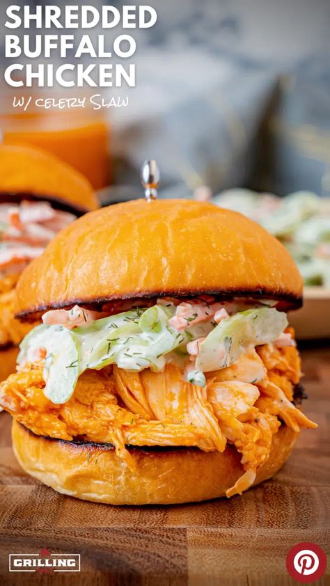 Celery Slaw, Buffalo Chicken Burgers, Shredded Chicken Sandwiches, Shredded Buffalo Chicken, Pulled Chicken Sandwiches, Buffalo Chicken Sandwiches, Easy Grilling Recipes, Food Blogging, Chicken Sandwiches