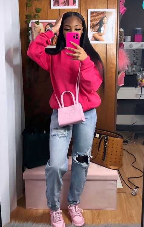 Fire Red 3s Outfit Black Women, Triple Pink Dunks Outfits Winter, Triple Pink Dunks Outfits Shein, Pink Valentine’s Day Outfit, Pink Telfar Outfit, Triple Pink Dunks Outfit Ideas, Jean And Sweater Outfits, Pink Dunks Outfit Ideas, Cute Outfit Ideas For School Baddie