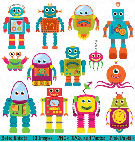 https://creativemarket.com/PinkPueblo/14030-Retro-Robots-Clipart-Vectors Robot Clipart, Robot Theme, Robot Party, Hawaiian Party Decorations, Adobe Illustrator Vector, Party Clipart, Images Kawaii, Retro Robot, Arte Robot